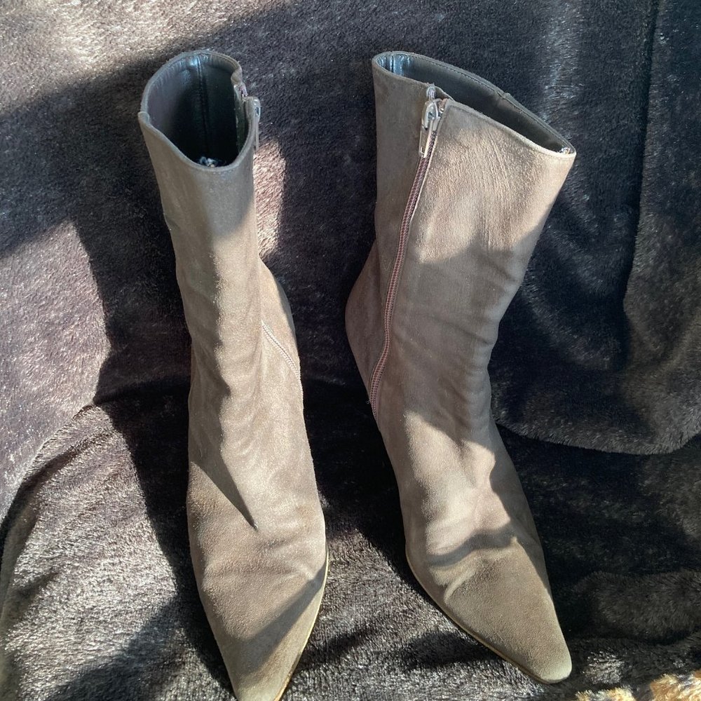 Chocolate brown suede heeled denim boots
